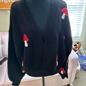 Plus Size 3X Forever 21 Black and Red Mushroom Knit Cardigan